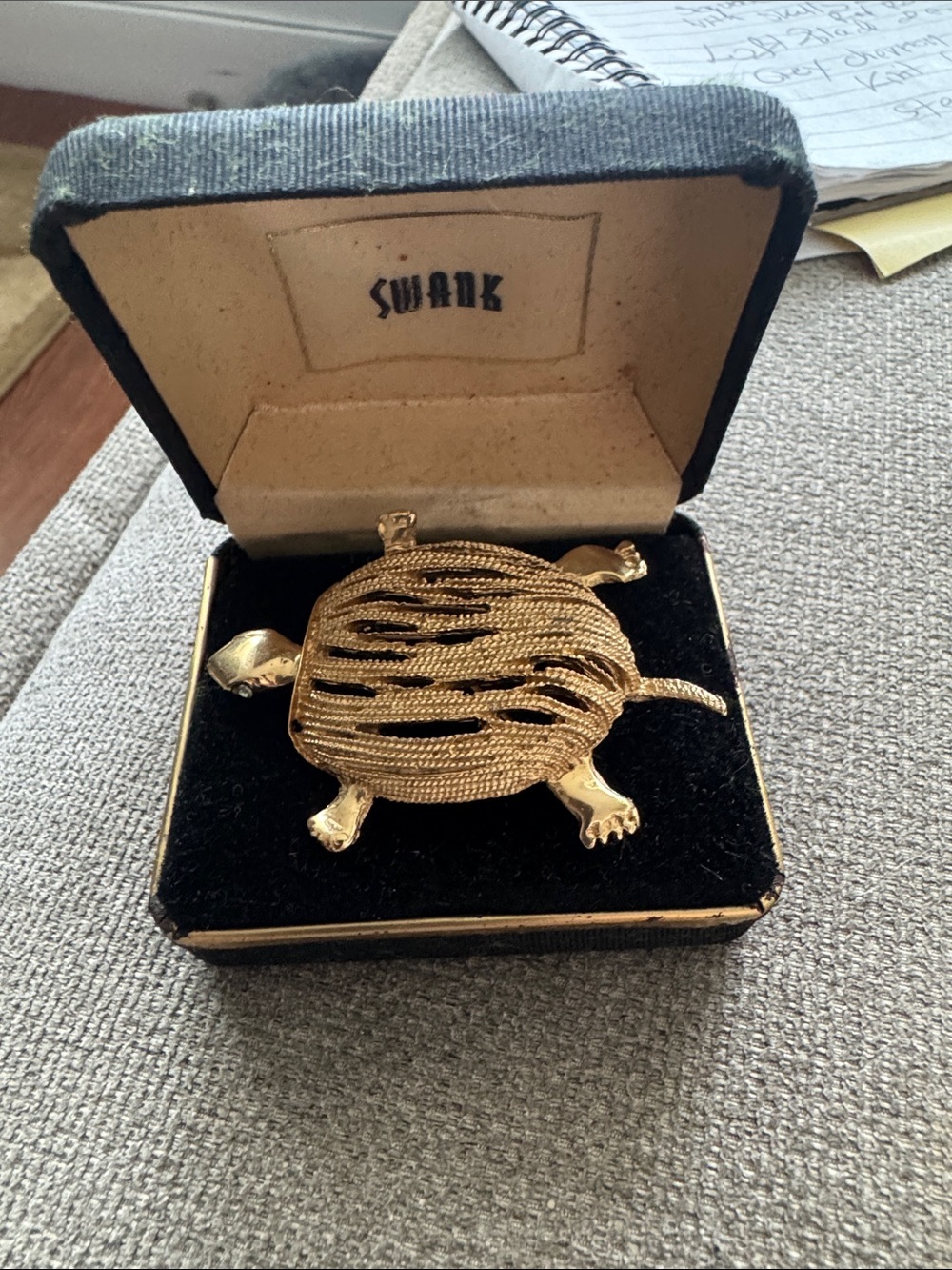 SWANK Gold Tone Turtle Brooch with Textured Shell but box is old